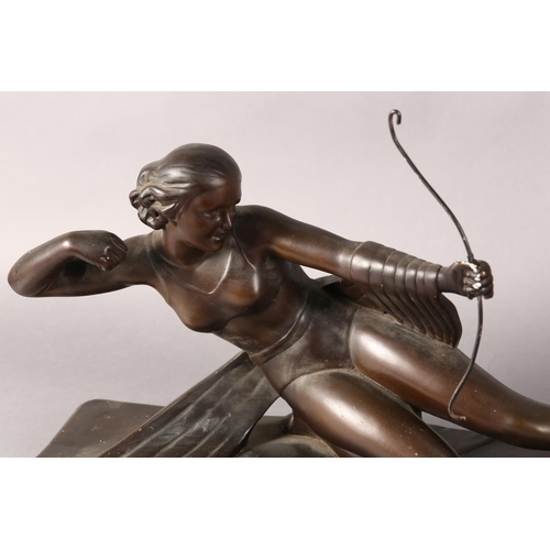 45 - An Art Deco plaster figure of Diane The Huntress, with bow, bronze effect finish on a rectangular ba... 