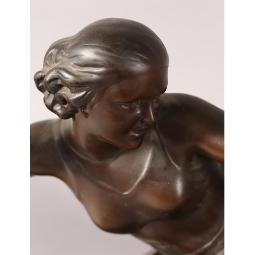 45 - An Art Deco plaster figure of Diane The Huntress, with bow, bronze effect finish on a rectangular ba... 