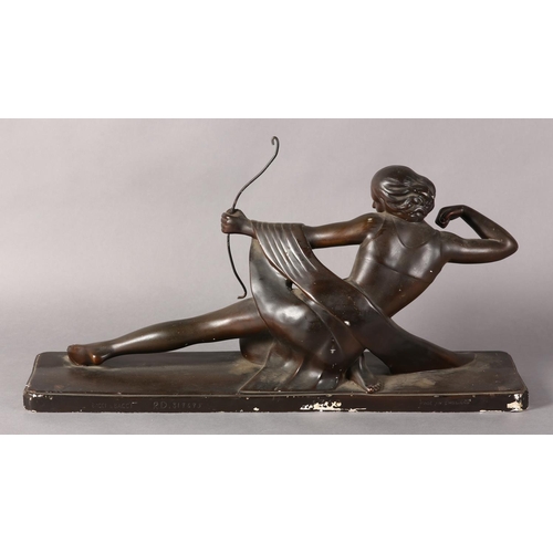 45 - An Art Deco plaster figure of Diane The Huntress, with bow, bronze effect finish on a rectangular ba... 