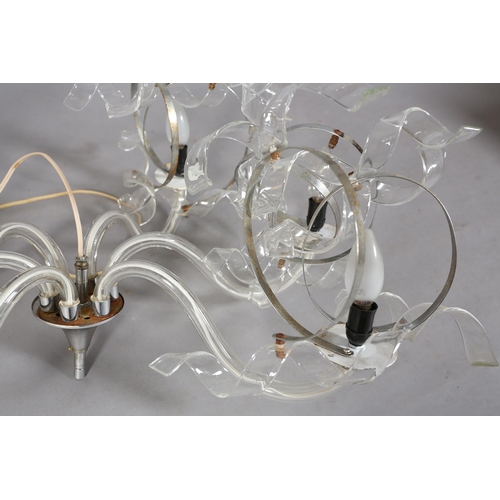 22 - A six light crystal pendant light, having six glass scrolled arms, each terminating in two spiral ch... 