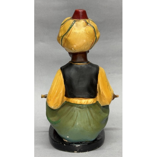 95 - A 1950s chalkwork figure table lamp model of a snake charmer, sitting cross-legged a basket with gla... 