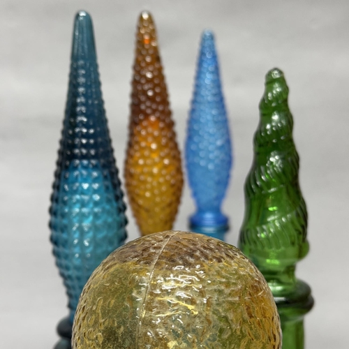 79 - A group of five Empoli harlequin coloured and textured glass bottles, c1960s, 57cm maximum to 43.5cm... 