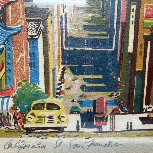 92 - After Ralph Thompson USA, California Street, San Francisco, colour print, titled and signed in penci... 