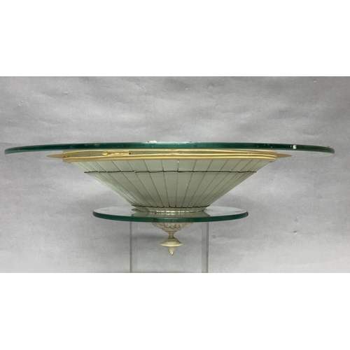 52 - A 1930s glass pendant lamp, the cream leaf cast finial holding to glass discs separated with panels ... 