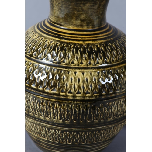 5 - Herman A Kahler (Danish 1846-1917) ceramic table lamp, the ovoid body incised with bands of trellis ... 