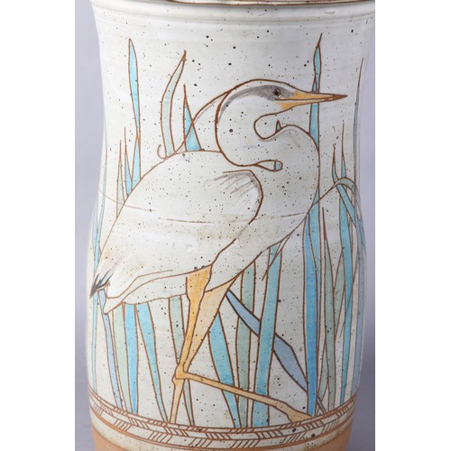 101 - A large Studio Pottery stoneware floor vase incised and glazed with a heron amongst reeds, on a pale... 