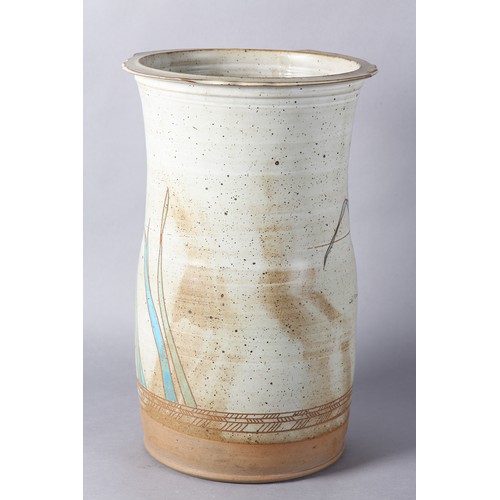 101 - A large Studio Pottery stoneware floor vase incised and glazed with a heron amongst reeds, on a pale... 