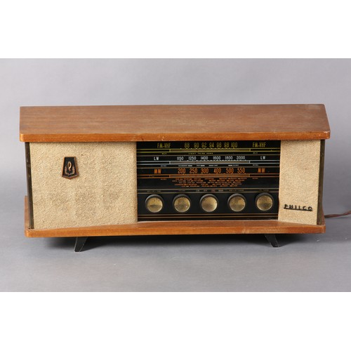 88 - A Philco radio c1958, mahogany case with pale caramel and gilt flecked cloth front, glass panel and ... 