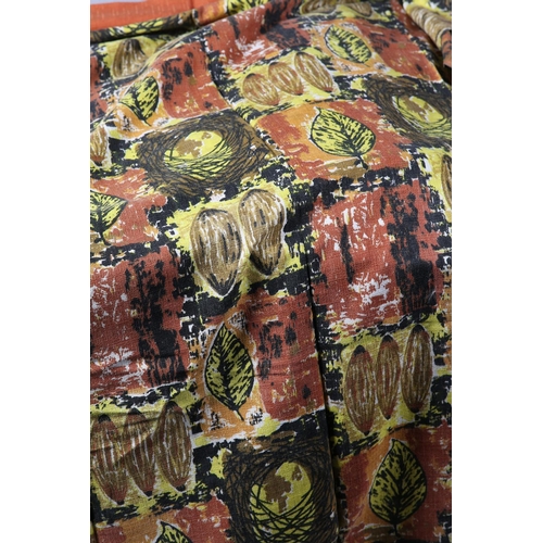 86 - Four printed cotton curtains of leaf design in yellow, black, camel and olive green with fox-red slu... 