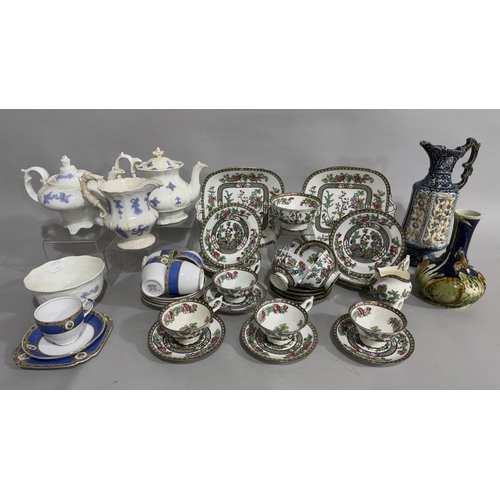 61 - A Victorian white and lavender sprigged tea ware, two Victorian pottery vases and a blue banded tea ... 