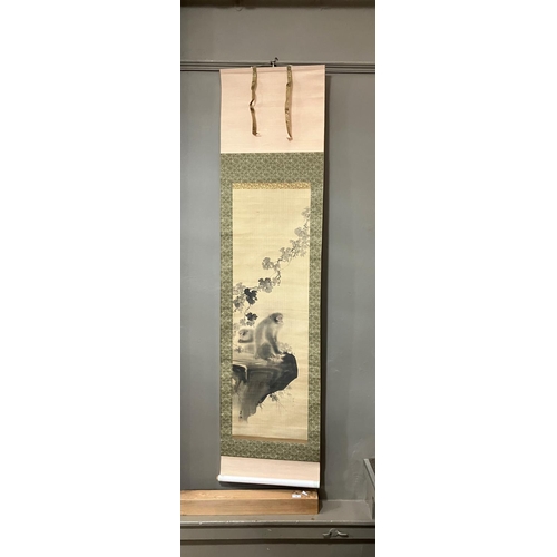 2 - Five Japanese silk scrolls painted in watercolour with apes (2), bird and blossom, Bijn beneath a wi... 