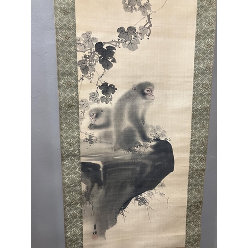 2 - Five Japanese silk scrolls painted in watercolour with apes (2), bird and blossom, Bijn beneath a wi... 