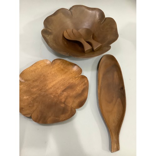 54 - Hawaiian Monkeypod wood salad bowl and servers, platter and leaf shaped dish