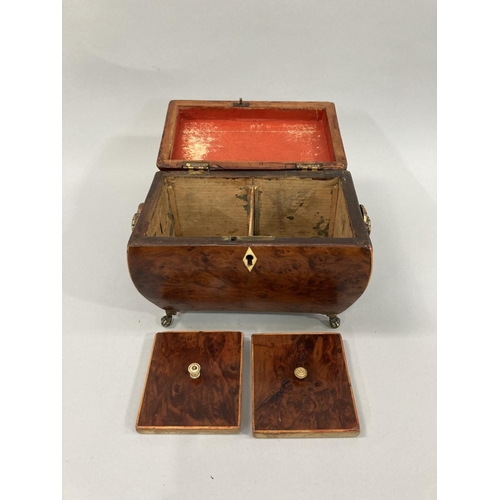 11 - An early 19th century burr walnut sarcophagus shaped tea caddy with boxwood stringing, semi domed li... 