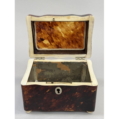 70 - A REGENCY TORTOISESHELL TEA CADDY, rectangular serpentine outline, ivory stringing and compressed fe... 