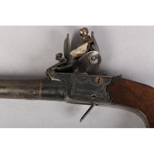 22 - A 19TH CENTURY FLINTLOCK POCKET PISTOL BY THEWLIS slab sided walnut grip, 6cm turn off barrel, signe... 