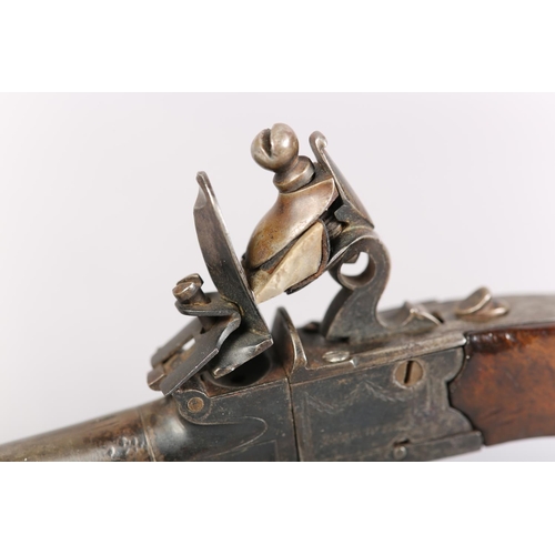 22 - A 19TH CENTURY FLINTLOCK POCKET PISTOL BY THEWLIS slab sided walnut grip, 6cm turn off barrel, signe... 