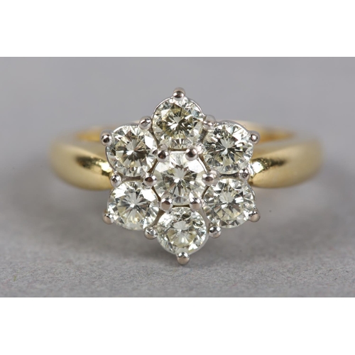 435 - A DIAMOND CLUSTER RING in 18ct yellow and white gold, the brilliant cut stones claw set within a cir... 