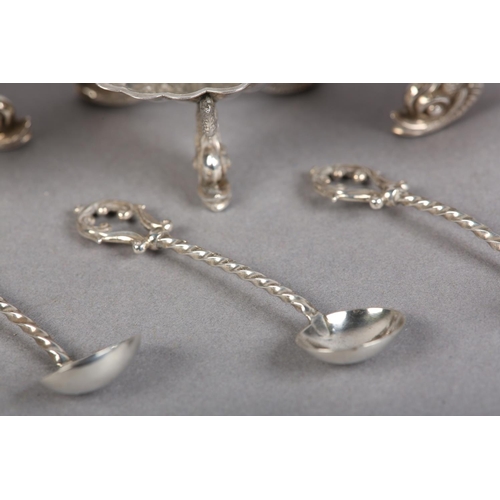 371 - A SET OF THREE VICTORIAN SILVER SHELL SALT CELLARS, Birmingham 1866 for George Unite, each on three ... 