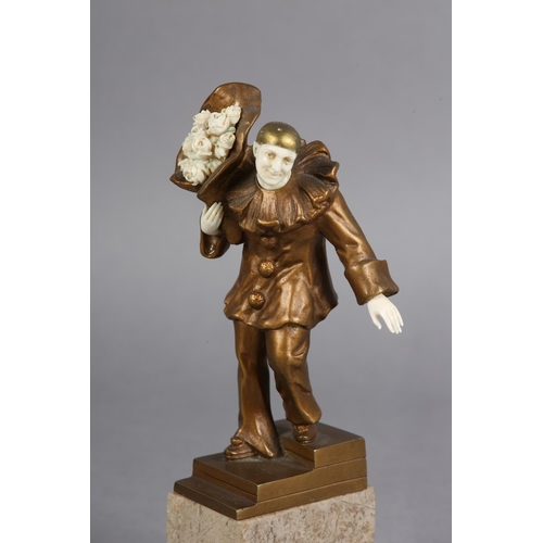 62 - EUGÈNE VICTOR (act. 1900-1930), Art Deco gilded bronze and ivory figure of a pierrot with bouquet of... 