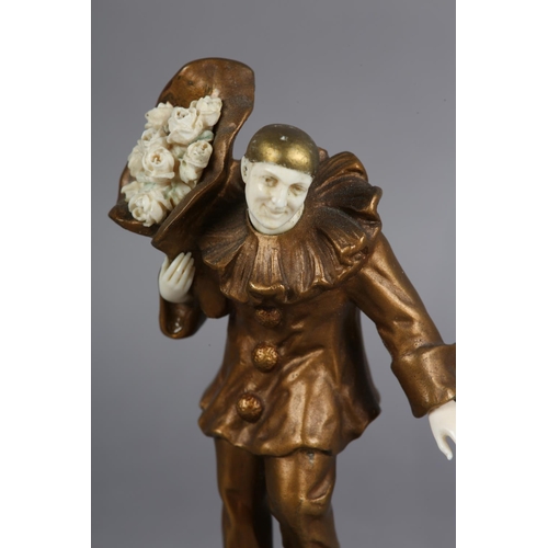 62 - EUGÈNE VICTOR (act. 1900-1930), Art Deco gilded bronze and ivory figure of a pierrot with bouquet of... 