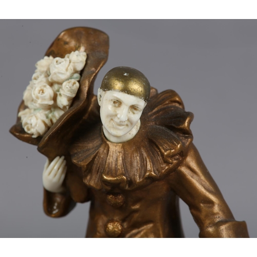 62 - EUGÈNE VICTOR (act. 1900-1930), Art Deco gilded bronze and ivory figure of a pierrot with bouquet of... 