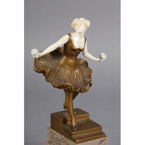 63 - EUGÈNE VICTOR (act. 1900-1930), Art Deco gilded bronze and ivory figure of a dancer holding a rose i... 