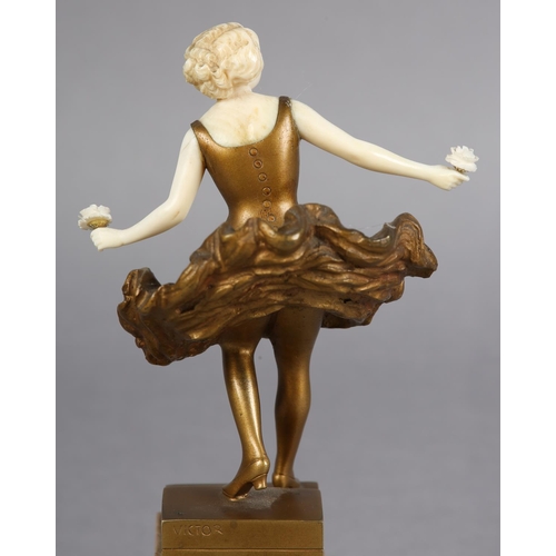 63 - EUGÈNE VICTOR (act. 1900-1930), Art Deco gilded bronze and ivory figure of a dancer holding a rose i... 