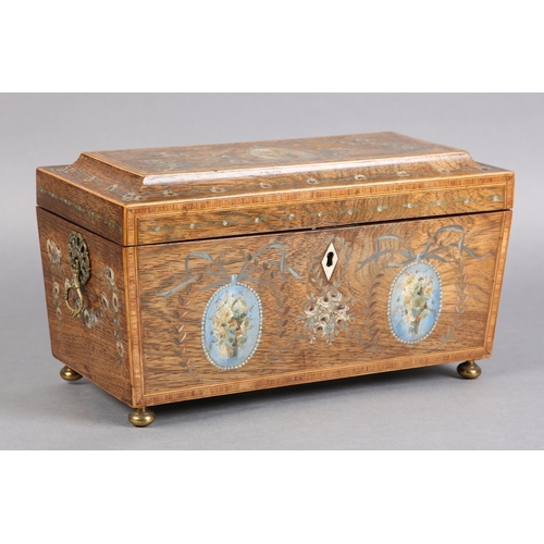 71 - AN EARLY 19TH CENTURY ROSEWOOD AND PAINTED SARCOPHAGUS TEA CADDY, the lid and sides with bouquets of... 