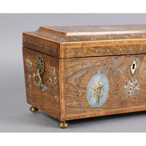 71 - AN EARLY 19TH CENTURY ROSEWOOD AND PAINTED SARCOPHAGUS TEA CADDY, the lid and sides with bouquets of... 