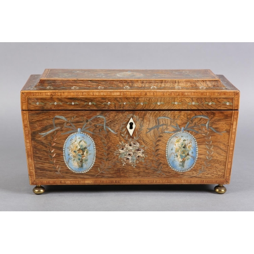 71 - AN EARLY 19TH CENTURY ROSEWOOD AND PAINTED SARCOPHAGUS TEA CADDY, the lid and sides with bouquets of... 