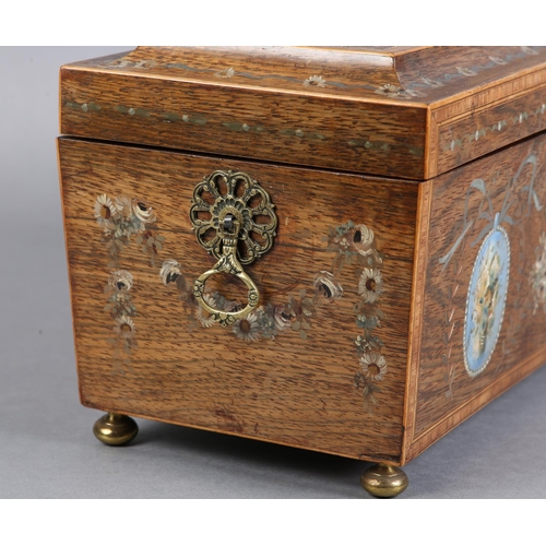 71 - AN EARLY 19TH CENTURY ROSEWOOD AND PAINTED SARCOPHAGUS TEA CADDY, the lid and sides with bouquets of... 