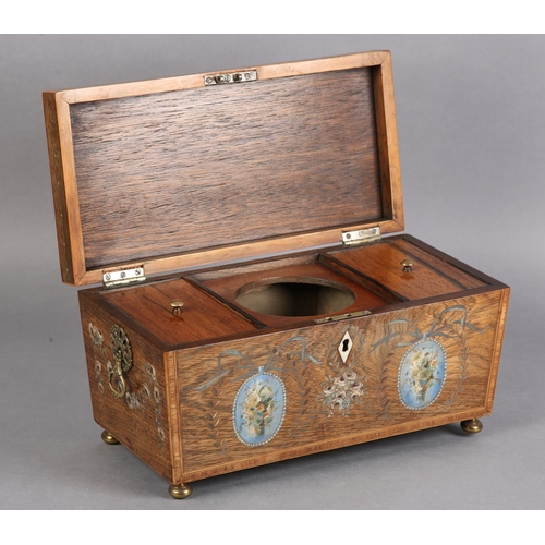 71 - AN EARLY 19TH CENTURY ROSEWOOD AND PAINTED SARCOPHAGUS TEA CADDY, the lid and sides with bouquets of... 