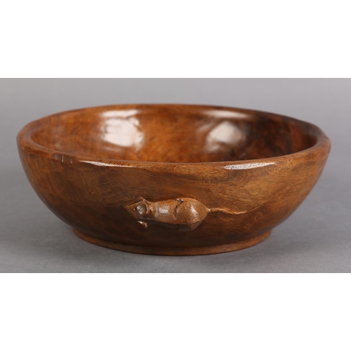 494 - THOMPSON OF KILBURN 'MOUSEMAN', An early oak fruit bowl, circular, the exterior carved in relief wit... 