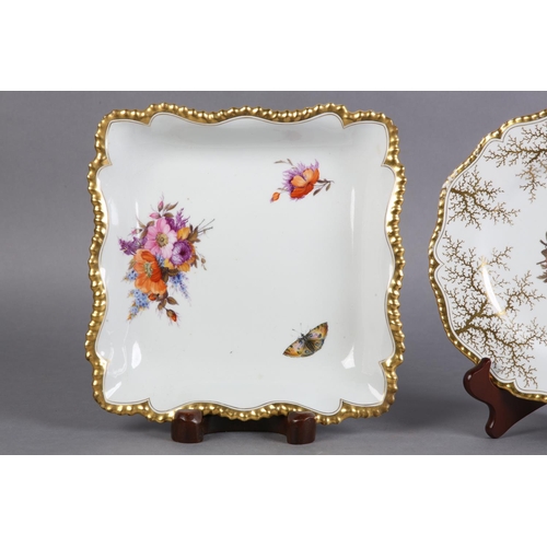 87 - A FLIGHT, BARR & BARR WORCESTER PORCELAIN SQUARE DISH, circa 1830, of serpentine outline, polychrome... 