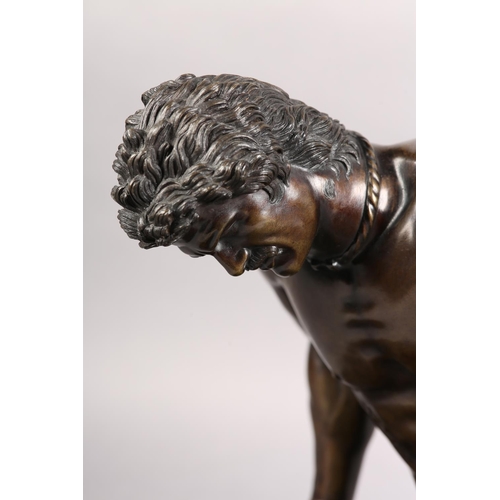 67 - A 19TH CENTURY ITALIAN BRONZE FIGURE OF THE DYING GAUL, after the antique, fallen, his broken sword ... 