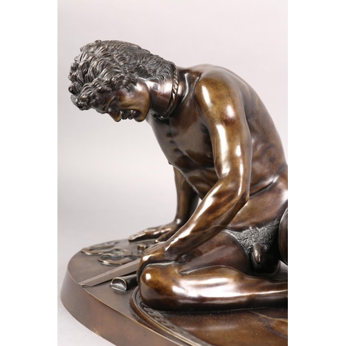 67 - A 19TH CENTURY ITALIAN BRONZE FIGURE OF THE DYING GAUL, after the antique, fallen, his broken sword ... 