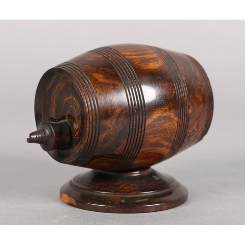 73 - A 19TH CENTURY LIGNUM VITAE STRING BARREL, on circular base, 10.5cm wide x 9cm high