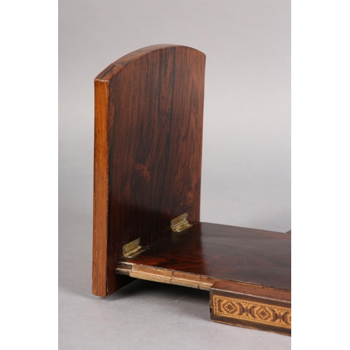 76 - A VICTORIAN TUNBRIDGEWARE AND ROSEWOOD BOOK SLIDE, the folding end panels inlaid with a basket of fl... 