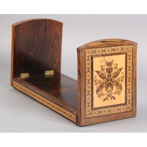 76 - A VICTORIAN TUNBRIDGEWARE AND ROSEWOOD BOOK SLIDE, the folding end panels inlaid with a basket of fl... 