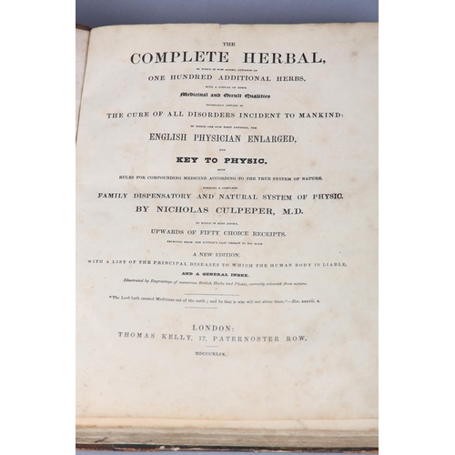 40 - CULPEPER N - The Complete Herbal engr. frontispiece, 20 hand col. plates, quarter calf and marbled b... 