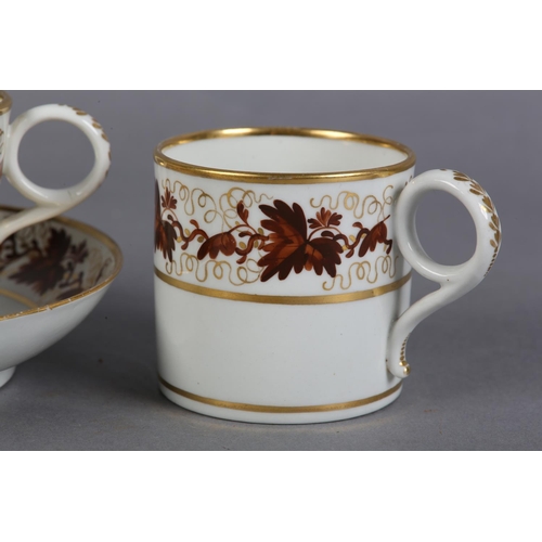 83 - A WORCESTER BARR PORCELAIN TRIO 1792-1807 of tea cup, coffee can and saucer, painted in brown with t... 