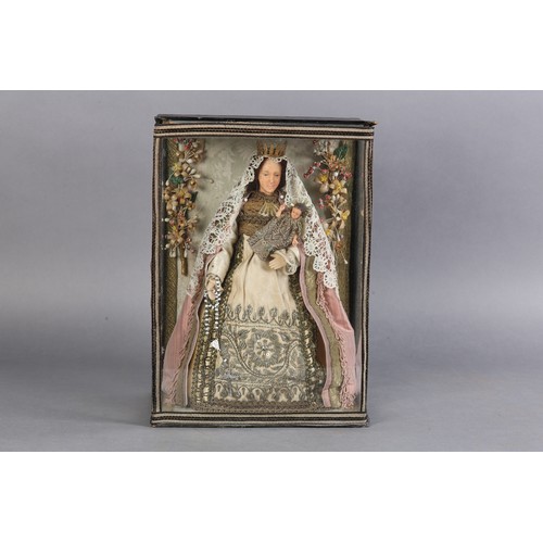 79 - AN ITALIAN WAX FIGURE OF THE MADONNA AND CHILD, late 19th/early 20th century, in glazed case, 32cm h... 