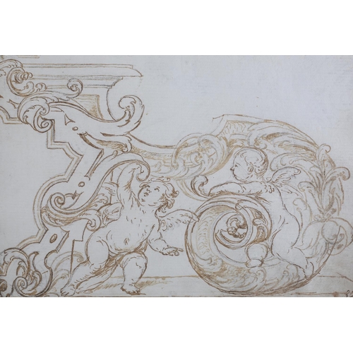 475 - 18TH CENTURY SPANISH SCHOOL, Design for a frieze, cherubs amongst scrollwork, charcoal, brown ink, p... 