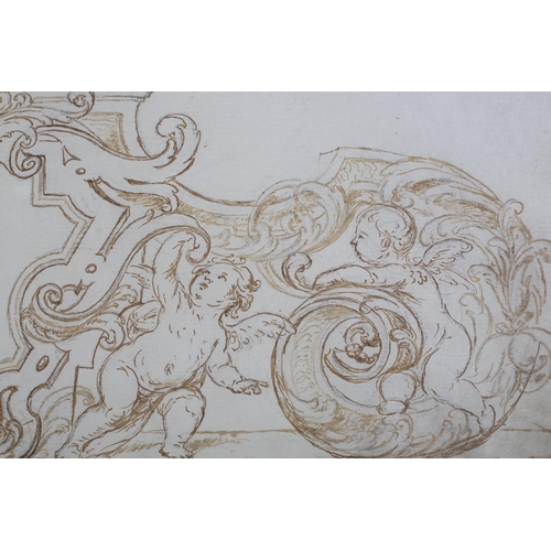 475 - 18TH CENTURY SPANISH SCHOOL, Design for a frieze, cherubs amongst scrollwork, charcoal, brown ink, p... 