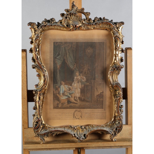 80 - PAIR OF 19TH CENTURY GILT GESSO MOULDED FRAMES of 'C' scroll and rocaille design with shell cresting... 