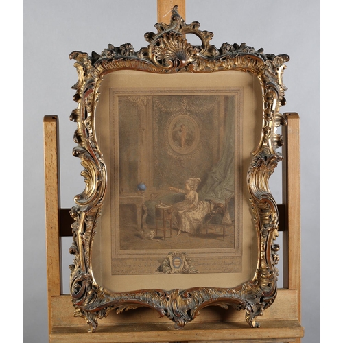 80 - PAIR OF 19TH CENTURY GILT GESSO MOULDED FRAMES of 'C' scroll and rocaille design with shell cresting... 