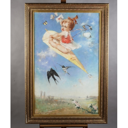 472 - L SCHW...LER, Infant riding a kite across blue skies, holding a letter sealed with a red heart in he... 