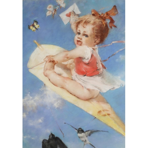 472 - L SCHW...LER, Infant riding a kite across blue skies, holding a letter sealed with a red heart in he... 