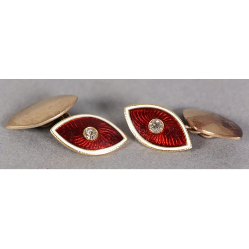 442 - A PAIR OF EARLY 20TH CENTURY DIAMOND AND RED GUILLOCHE ENAMEL CUFFLINKS, of marquise outline in 18ct... 